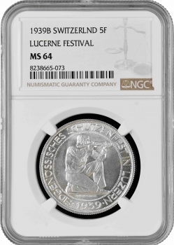 Швейцария 5 франков 1939 г. B, NGC MS64, "Стрелковый фестиваль в Люцерне"