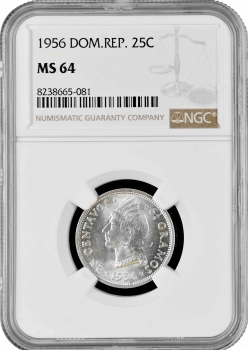 Доминикана 25 сентаво 1956 г., NGC MS64, "Доминиканская Республика (1937 - 2023)"