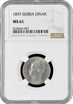 Сербия 1 динар 1897 г., NGC MS61, "Король Александр I (1889 - 1903)"
