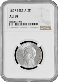 Сербия 2 динара 1897 г., NGC AU58, "Король Александр I (1889 - 1903)"
