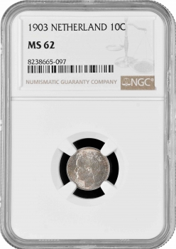 Нидерланды 10 центов 1903 г., NGC MS62, "Королева Вильгельмина (1890 - 1948)"