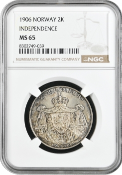 Норвегія 2 крони 1906 р., NGC MS65, "Перша річниця незалежності Норвегії"