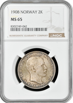 Норвегія 2 крони 1908, NGC MS65, "Король Хокон VII (1906 - 1957)" Top Pop