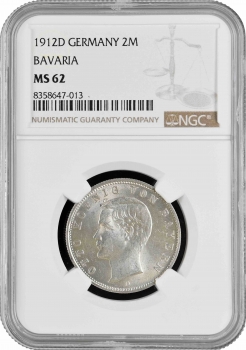 Бавария 2 марки 1912 г. D, NGC MS62, "Король Отто І (1886 - 1913)"