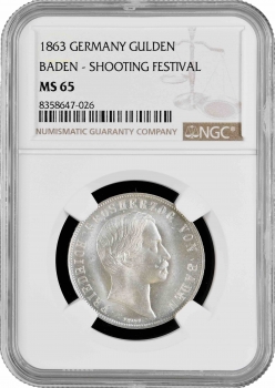 Баден 1 гульден 1863 г., NGC MS65, "Первый стрелковый фестиваль в Мангейме"