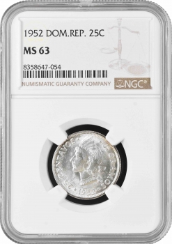 Доминикана 25 сентаво 1952 г., NGC MS63, "Доминиканская Республика (1937 - 2023)"