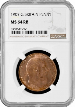 Великобритания 1 пенни 1907 г., NGC MS64 RB, "Король Эдуард VII (1902 - 1910)"