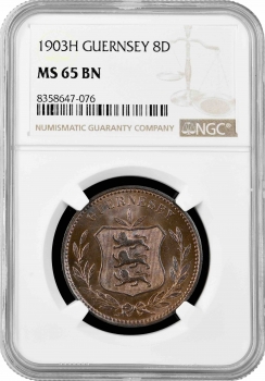 Гернси 8 дублей 1903 г. H, NGC MS65 BN, "Гернсийский фунт (1830 - 1966)" Top Pop