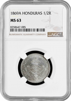 Гондурас 1/2 реала 1869 г. A, NGC MS63, "Песо (pre-decimal) (1862 - 1871)"