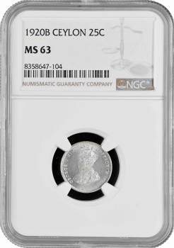 Цейлон 25 центов 1920 г. B, NGC MS63, "Король Эдуард VII (1902 - 1910)"