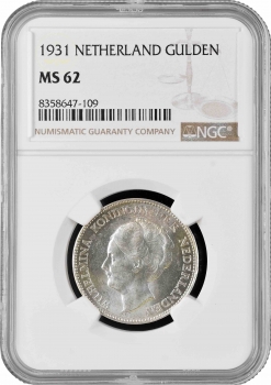 Нидерланды 1 гульден 1931 г., NGC MS62, "Королева Вильгельмина (1890 - 1948)"