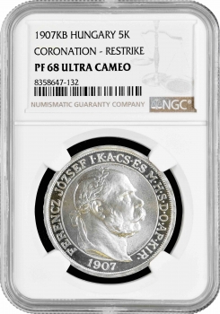 Венгрия 5 крон 1907 г. KB, NGC PF68 UC RESTRIKE, "40 лет со дня коронации Франца Иосифа I"