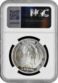 Венгрия 5 крон 1907 г. KB, NGC PF68 UC RESTRIKE, "40 лет со дня коронации Франца Иосифа I"