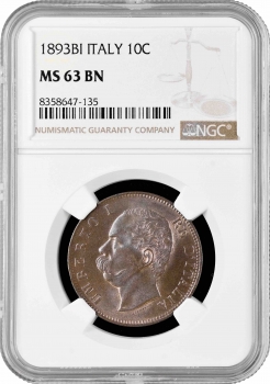 Италия 10 чентезимо 1893 г. BI, NGC MS63 BN, "Король Умберто I (1878 - 1900)"