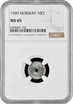Норвегия 10 эре 1949 г., NGC MS65, "Король Хокон VII (1906 - 1957)"