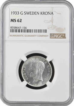 Швеция 1 крона 1933 г. G, NGC MS62, "Король Густав V (1908 - 1950)"