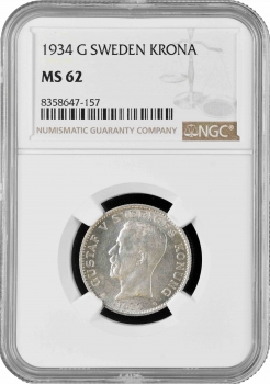 Швеция 1 крона 1934 г. G, NGC MS62, "Король Густав V (1908 - 1950)"