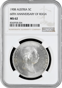 Австрія 5 крон 1908 р., NGC MS62, "60 років правління"