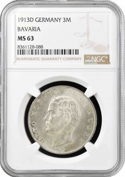 Бавария 3 марки 1913 г. D, NGC MS63, "Король Отто I (1886 - 1913)"