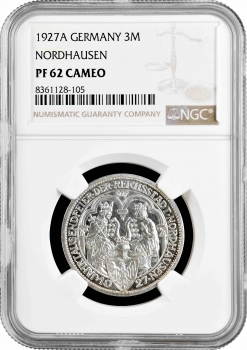 Веймарская Республика 3 рейхсмарки 1927 г. A, NGC PF62 CAM, "1000 лет Нордхаузену"