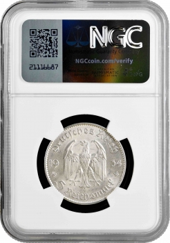Германия - Третий рейх 5 рейхсмарок 1934 г. F, NGC UNC Det., "Гарнизонная церковь в Потсдаме"