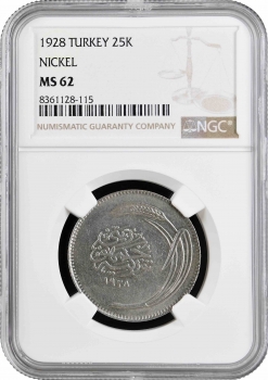 Турция 25 куруш 1928 г., NGC MS62, "Турецкая Республика (1922 - 1933)"