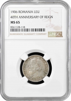 Румыния 1 лей 1906 г., NGC MS65, "40 лет правлению Кароля I"