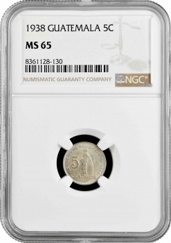 Гватемала 5 сентаво 1938 г., NGC MS65, "Республика Гватемала (1925 - 1948)" Top Pop
