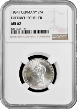 Германия - Третий рейх 2 рейхсмарки 1934 г. A, NGC MS62, "175 лет со дня рождения Фридриха Шиллера"