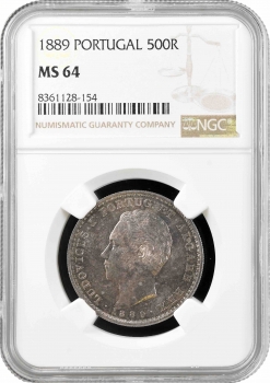 Португалия 500 рейсов 1889 г., NGC MS64, "Король Луиш I (1861 - 1889)"