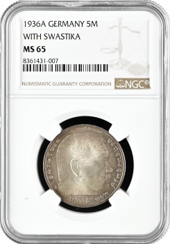 Німеччина - Третій Рейх 5 рейхсмарок 1936 A, NGC MS65, "Нацистська Німеччина (1933 - 1945)" Top Pop