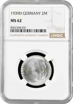 Германия - Третий рейх 2 рейхсмарки 1939 г. D, NGC MS62, "Нацистская Германия (1933 - 1945)"