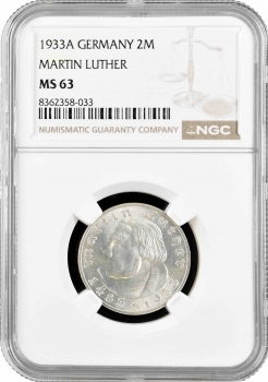 Германия - Третий рейх 2 рейхсмарки 1933 г. A, NGC MS63, "450 лет со дня рождения Мартина Лютера"