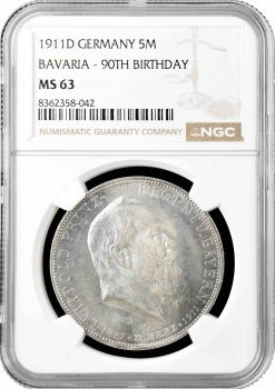 Бавария 5  марок 1911 г., NGC MS63, "90 лет со дня рождения Луитпольда Баварского"