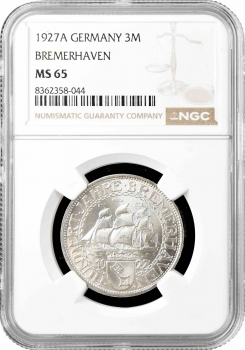 Веймарская Республика 3 рейхсмарки 1927 г. A, NGC MS65, "100 лет Бремерхафену"