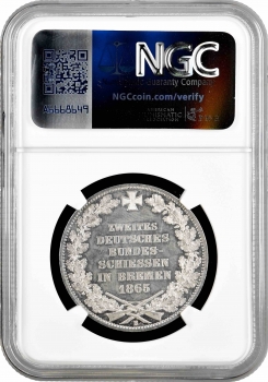 Бремен 1 талер 1865 г., NGC MS63 PL, "Второй немецкий фестиваль стрельбы"