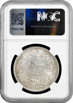 Швейцария 5 франков 1850 г. A, NGC MS62, "Швейцарская Конфедерация (1850 - 1916)"
