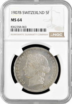 Швейцария 5 франков 1907 г. B, NGC MS64, "Швейцарская Конфедерация (1850 - 1916)"
