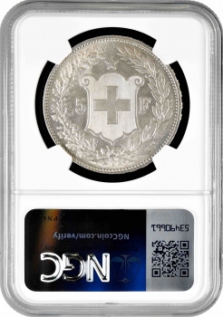 Швейцария 5 франков 1907 г. B, NGC MS64, "Швейцарская Конфедерация (1850 - 1916)"