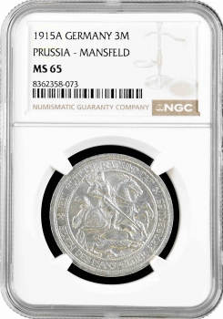 Пруссия 3 марки 1915 г. A, NGC MS65, "100 лет присоединению Мансфельда"