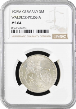 Веймарская Республика 3 рейхсмарки 1929 г. A, NGC MS64, "Объединение Вальдека и Пруссии"