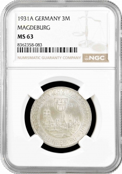 Веймарская Республика 3 рейхсмарки 1931 г. A, NGC MS63, "300-я годовщина разорения Магдебурга"