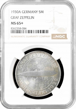 Веймарская Республика 5 рейхсмарок 1930 г. A, NGC MS65+, "Полёт дирижабля "Граф Цеппелин"