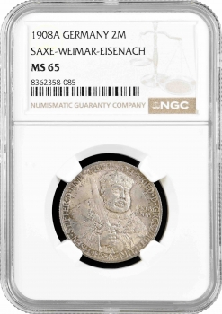 Саксен-Веймар-Эйзенах 2 марки 1908 г. A, NGC MS65, "350 лет Йенскому университету"