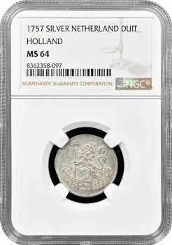 Нидерланды (Голландия) 1 дуит 1757 г., NGC MS64, "Голландская Республика (1701 - 1794)" Pop 1/1
