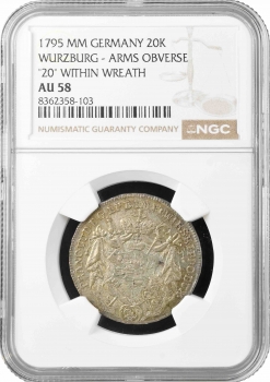 Вюрцбург 20 крейцеров 1795 г. MM, NGC AU58, "Епископ Георг Карл Игнац фон Фехенбах (1795 - 1803)"