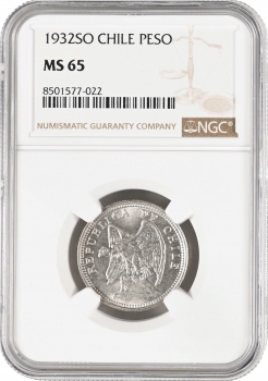 Чилі 1 песо 1932 So, NGC MS65, "Республіка Чилі (1899 - 1968)"