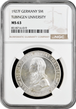 Веймарська Республіка 5 рейхсмарок 1927 р., NGC MS63, "450 років Тюбінгенському університету"