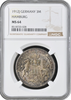 Гамбург 3 марки 1912 р. J, NGC MS64, "Вільне місто Гамбург (1871 - 1918)"