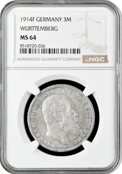 Вюртемберг 3 марки 1914 F, NGC MS64, "Король Вільгельм II (1891 - 1918)"